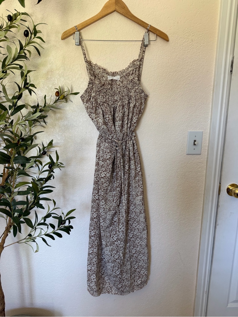 Carly Jean Los Angeles Brown Floral Smocked Maxi Dress